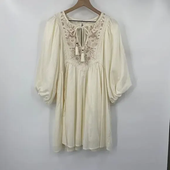 Anthropologie Viveka Embroidered Floral Mini Dress Balloon Long Sleeve Ivory S - Picture 3 of 10